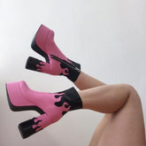 Goth Cool Black Flame Print Platform High Heel Ankle Boots BE568